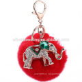 Rhinestone Metal elefante encanto conejo piel Pom Pom Llavero